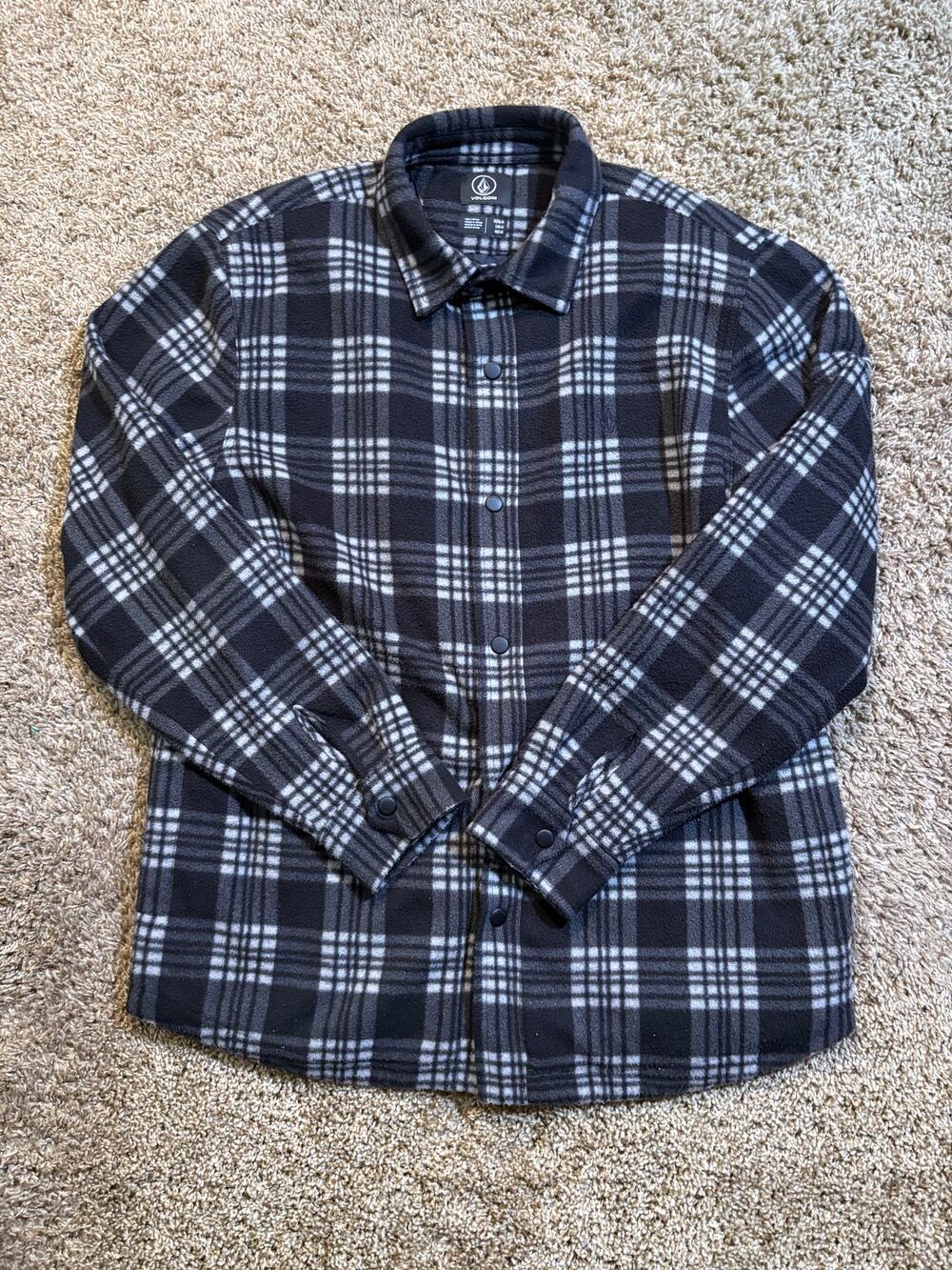 Volcom Plaid Fleece Button Down Jacket Mens Size Medium Black White